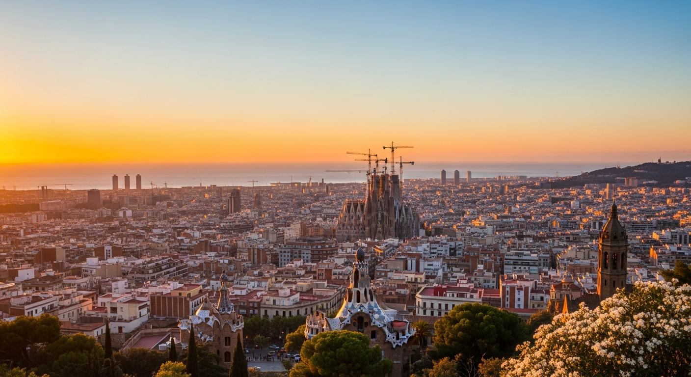 Panoramic sunset view of Barcelona showing the Sagrada Família and city skyline.